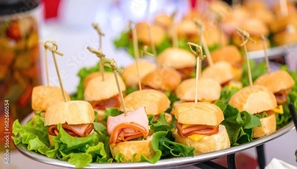 Fototapeta Platter of miniature slider sandwiches with ham and cheese, arranged atop vibrant green lettuce leaves