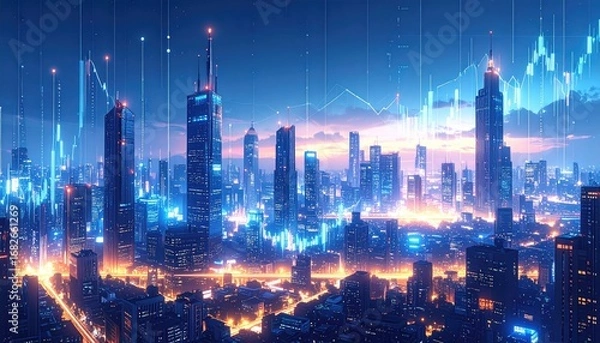 Fototapeta A vibrant city at night, bathed in blues and oranges, featuring skyscrapers and superimposed stock market data