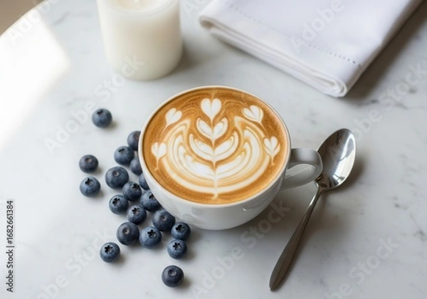 Fototapeta A top-down view of a latte in a white cup with intricate latte art, surrounded by fresh blueberries and a silver spoon on a white marble surface