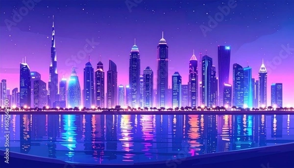 Fototapeta Vibrant cityscape at dusk. Gleaming skyscrapers reflect in water, illuminated by lights against a purple-to-blue gradient sky sprinkled with stars