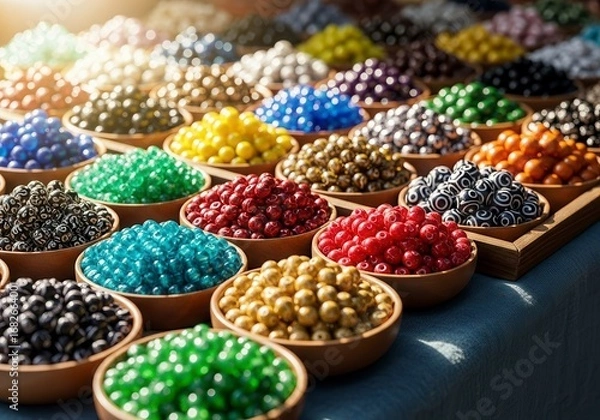 Fototapeta A vibrant tabletop display at a traditional bead market. Rows of colorful beads in different shapes and sizes are arranged in small bowls and trays.