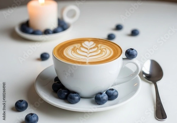 Fototapeta A white ceramic cup filled with a latte featuring leaf-shaped latte art, placed on a matching white saucer