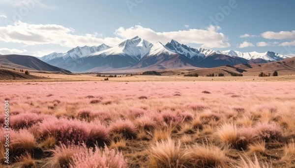 Fototapeta A serene landscape featuring a field of rosy grass against a backdrop of snow-capped mountains under a sunny sky with fluffy clouds