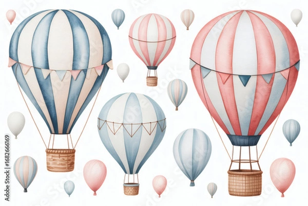 Fototapeta Watercolor illustration of hot air balloons in various colors and patterns isolated on white background