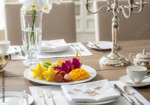 Fototapeta A wooden table set for a refined breakfast, featuring a plate of assorted fresh fruits arranged artistically.