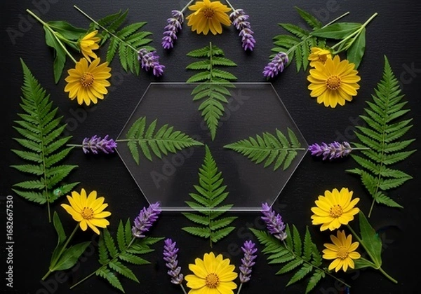 Fototapeta An artistic flat lay of assorted flowers and foliage—yellow blossoms, purple lavender, and fern leaves—arranged symmetrically on a black surface.