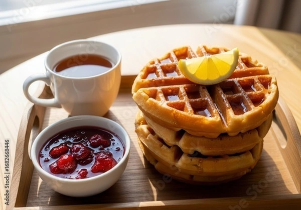 Fototapeta Close-up of a breakfast tray featuring freshly made waffles with a glossy surface, a lemon wedge on top, and a bowl of strawberry jam.