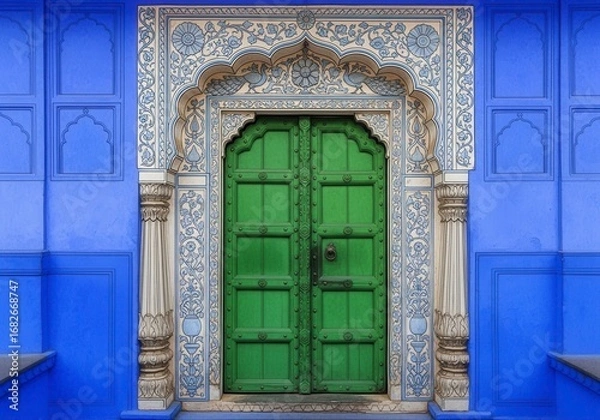 Fototapeta An artistic rendering of a traditional Indian doorway with a green wooden door and ornate stone carvings