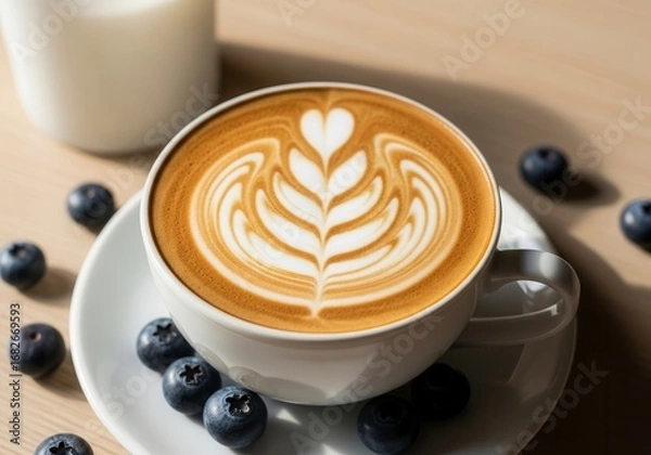 Fototapeta Close-up of a latte with leaf-patterned foam art in a white porcelain cup and saucer. Blueberries are scattered around the saucer and tabletop