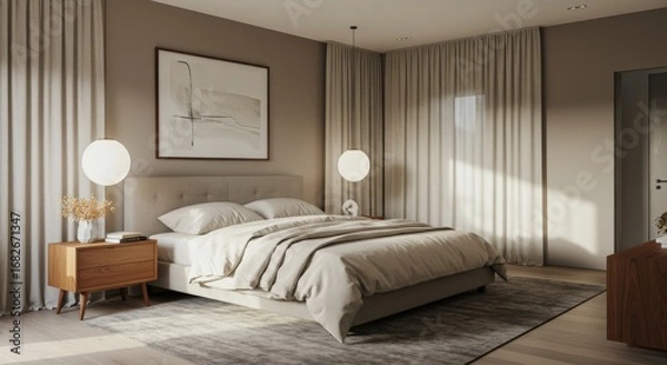 Fototapeta Modern Bedroom Interior with Bed Art and Lighting.