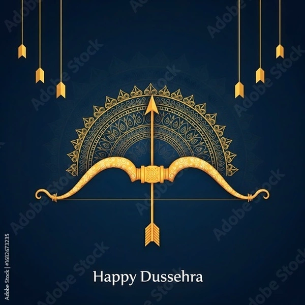 Fototapeta Golden bow and arrow design with mandala pattern on blue background, Happy Dussehra greeting card illustration symbolizing victory of Lord Rama and Vijayadashami festival celebration