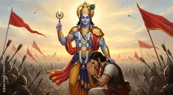 Fototapeta Lord Krishna guiding Arjuna on the battlefield of Kurukshetra with Sudarshan Chakra in hand, epic Mahabharata scene symbolizing Bhagavad Gita teachings of dharma, duty, and devotion