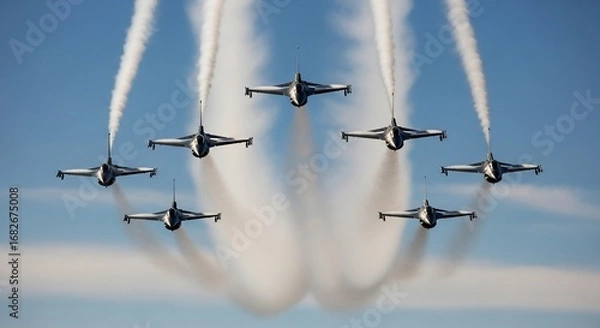 Obraz Nine aerobatic jets in a precise V-formation perform against a clear blue sky, leaving elegant smoke trails behind them.