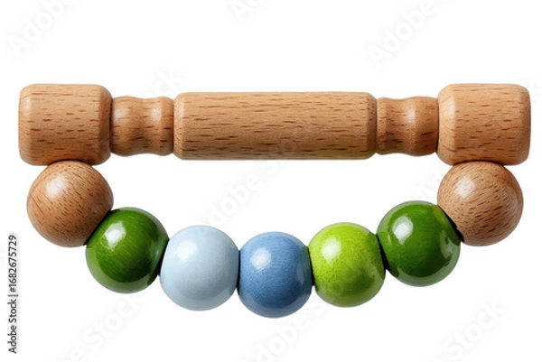 Fototapeta A colorful wooden bead toy featuring various round beads and a central wooden handle.