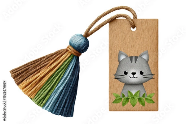 Fototapeta A wooden tag featuring a cute illustrated cat with a colorful tassel and green leaves at the base.