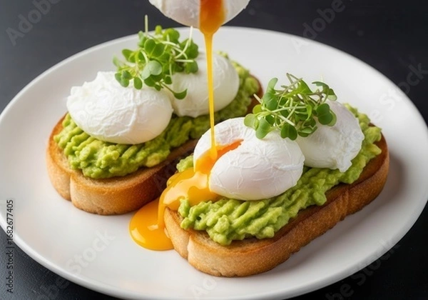 Fototapeta Two slices of toast layered with smashed avocado, topped with poached eggs and a sprinkle of microgreens.