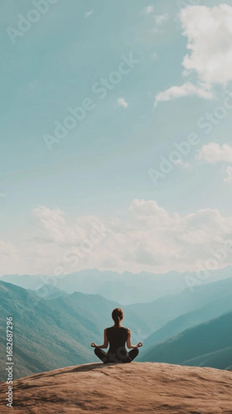 Fototapeta Meditation on a mountain overlook with panoramic view of rolling hills and blue sky during afternoon