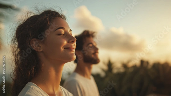 Fototapeta People practicing mindfulness during a sunset meditation on a tranquil beach in a serene tropical setting