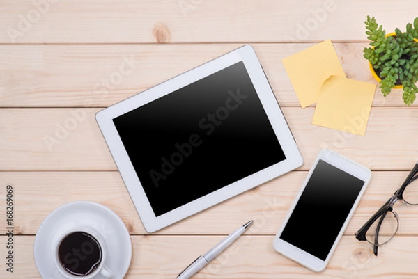 Fototapeta Tablet header image. Office stuff, workplace, top view