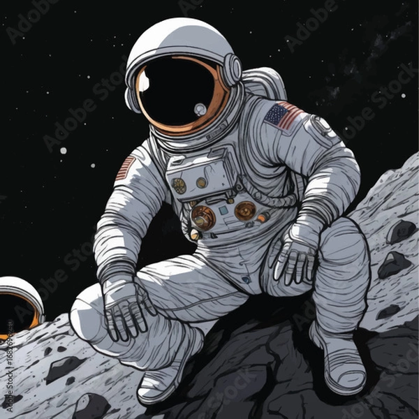 Fototapeta Astronaut Crouching on Lunar Surface with American Flag Patch