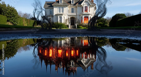 Fototapeta Burning Victorian House Reflection.
