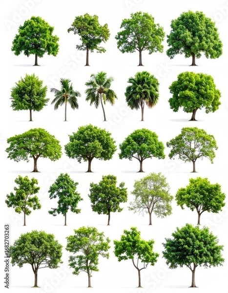 Obraz Collection of verdant, diverse trees with varied shapes and foliage against a stark white backdrop, neatly arranged in rows and columns, isolated, natural