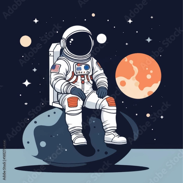 Fototapeta Cartoon Astronaut Sitting on Moon with Mars and Stars in Space
