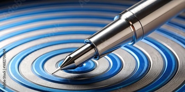 Obraz Close up of a silver pen on a blue and silver concentric circle design