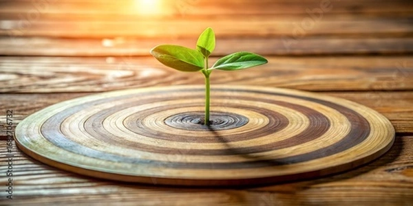 Obraz Small plant growing on a wooden target on a wooden surface with sunlight