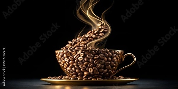 Obraz A gold cup overflowing with coffee beans and rising aroma on black background
