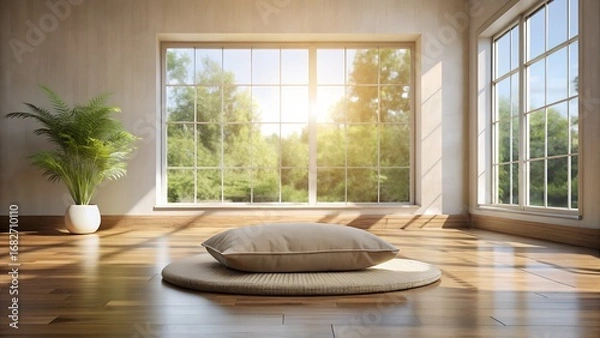 Obraz Interior space with cushion on mat and plant near large window view