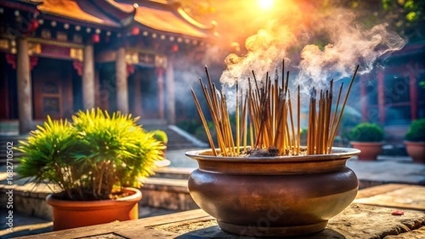 Obraz Incense sticks burning in a pot outside of a traditional temple area