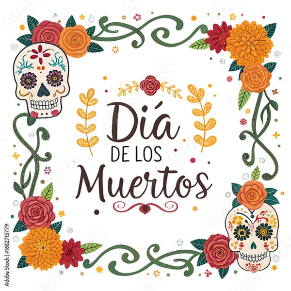 Fototapeta Dia de los muertos sugar skulls and flowers decorative frame isolated on transparent background