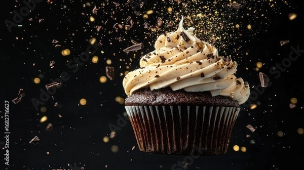 Fototapeta A chocolate cupcake with a swirl of frosting and sprinkles, set against a black background with a bokeh effect.