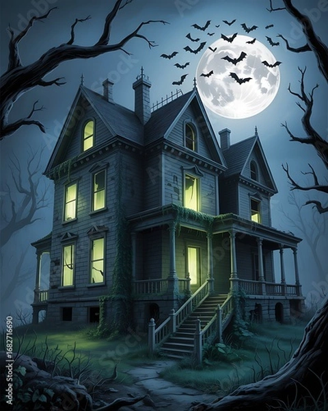 Obraz Eerie victorian haunted house under a full moon with bats flying in the night sky