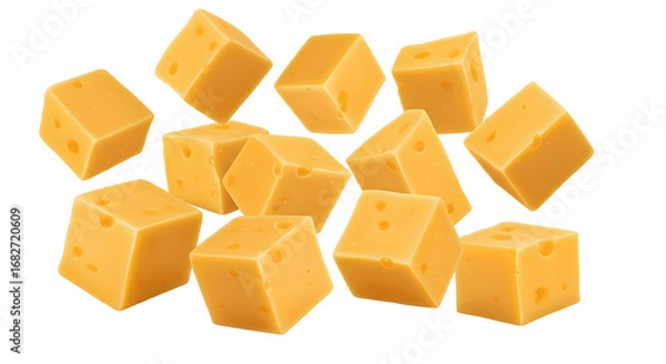 Fototapeta Cubes of yellow cheese isolated on transparent background