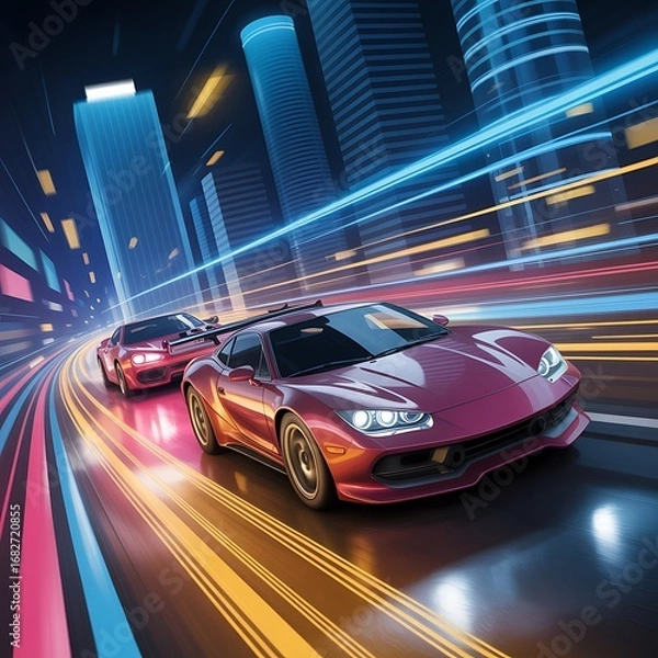 Obraz Dynamic night cityscape racing two sports cars capturing speed and motion with blurring lights and neon glow