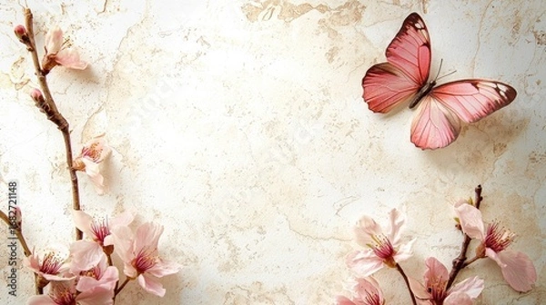 Fototapeta A pink butterfly perched on a branch with pink flowers against a textured beige background.