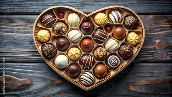 Fototapeta Assortment of delicious gourmet chocolates arranged in heart shaped box on wooden surface
