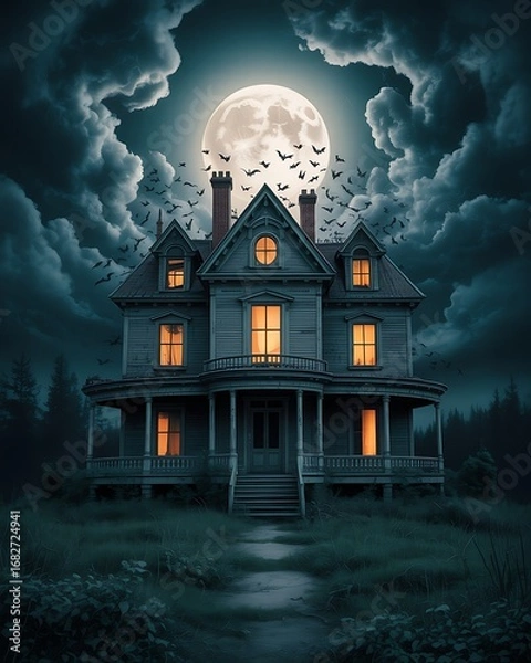 Obraz Eerie hyperrealistic haunted mansion under a full moon with stormy clouds and silhouetted birds