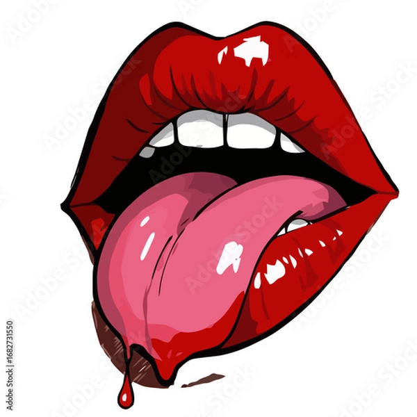 Fototapeta Vector art of closeup of a womans red lips with her pink tongue sticking out, isolated on a transparent background, conveying sensuality and desire