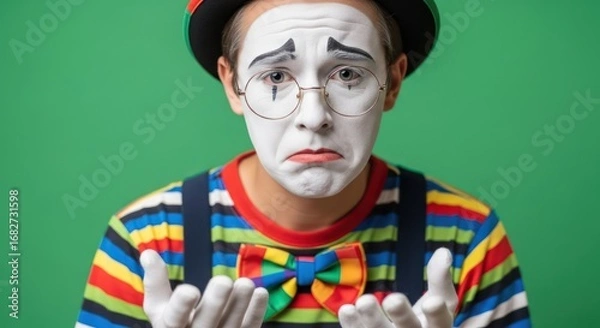 Fototapeta A sad mime artist with expressive makeup conveying sorrowful emotions in colorful attire and a