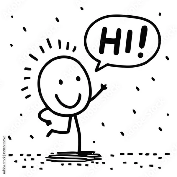 Fototapeta Vector art of a simple, handdrawn stick figure with a smiley face and radiating lines around its head, waving and saying hi in a speech bubble, isolated on a transparent background with scattered dots