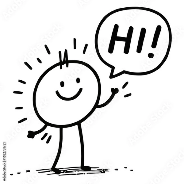 Obraz Vector art of a simple, cheerful cartoon character with a smiley face and stick arms and legs, waving and saying hi in a speech bubble