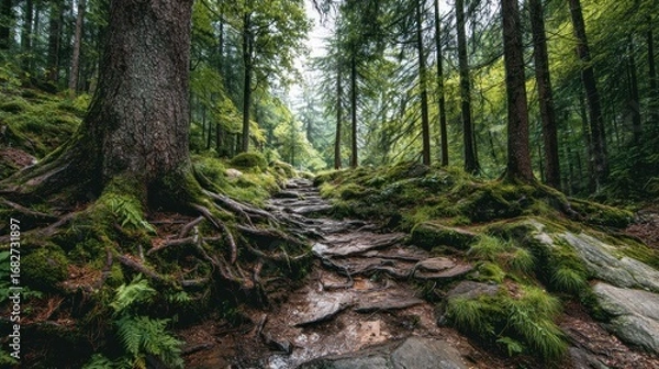 Fototapeta Tranquil forest trail with ancient tree roots and vibrant green moss