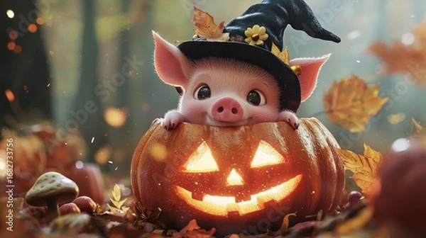 Fototapeta A cute pig wearing a witch hat, peeking out from a carved pumpkin with a jack-o'-lantern face, surrounded by autumn leaves and mushrooms in a forest setting.