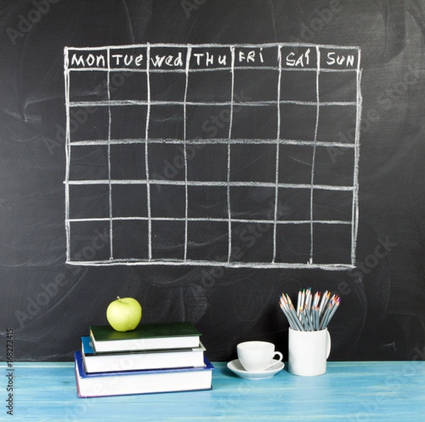 Fototapeta Grid timetable schedule on black chalkboard background.