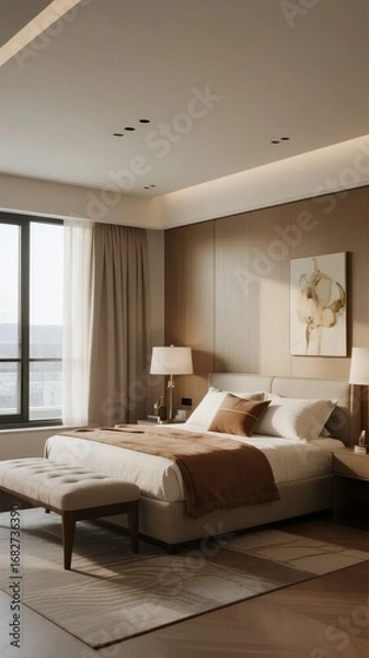 Fototapeta Modern bedroom with neutral tones, featuring a large bed, tufted bench, and minimalist decor.