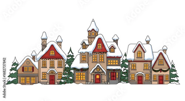 Fototapeta Charming Snowy Village Scene with Festive Houses and Evergreen Trees on a White Background