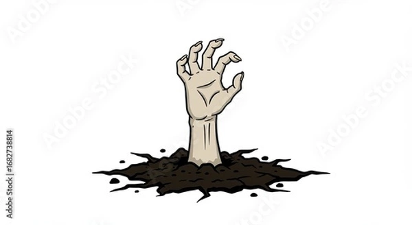 Obraz Cartoon Hand Reaching Up From Brown Dirt on White Background